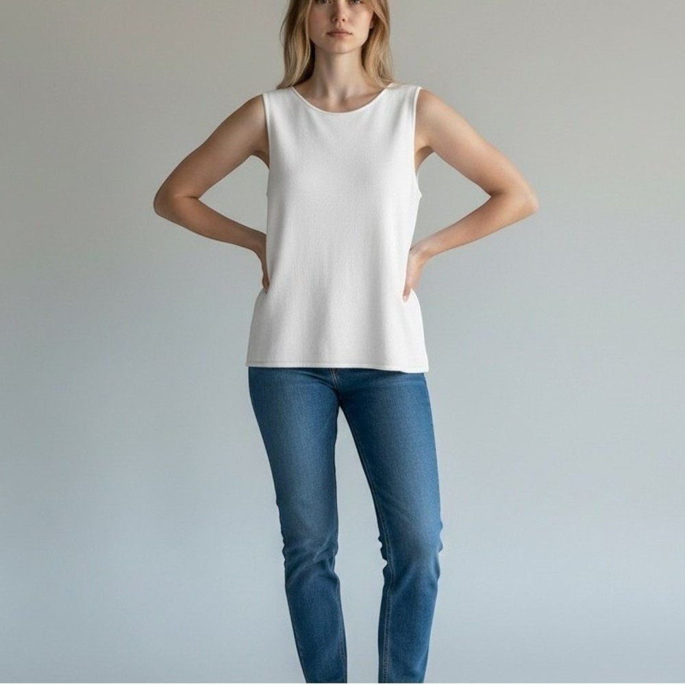 Eileen Fisher Classic White Bateau Rolled Neck Tank Top Sleeveless Minimalist L